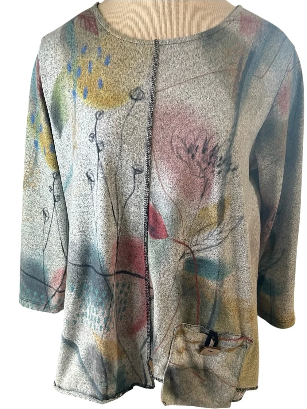 Jess & Jane Abstract Art Top Medium Made in USA Lagenlook Boho Artsy Pocket